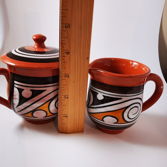Vintage Red Clay Pottery Cream and Sugar Abstract Brown White Mustard Colour - Picture 16 of 16